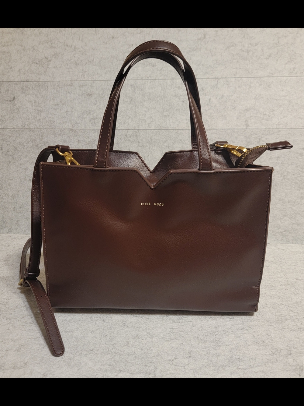 Pixie Mood Brown Vegan Leather Structured Tote Crossbody Satchel Bag